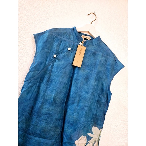 Chinese Style Long Dress with Magnolia Flower Print Blue Size Large High Neck - Picture 2 of 11